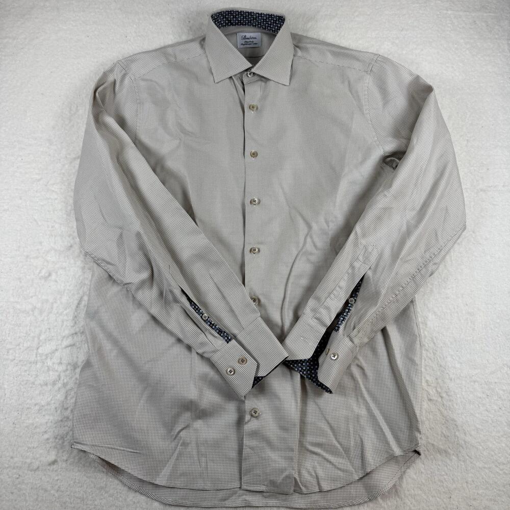 Stenströms Dress Shirt Mens Size 15.5 Beige Houndstooth Slim Fit Long Sleeve